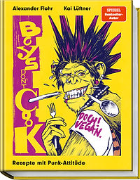 Buchcover mit einer punkigen Comicfigur, die eine Gabel hält und ein T-Shirt mit der Aufschrift 'DOCH! VEGAN.' trägt