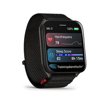 Smartwatch mit rechteckigem Display und schwarzem Textilarmband zeigt Herzfrequenz, Sleep Score und Trainingsbereitschaft