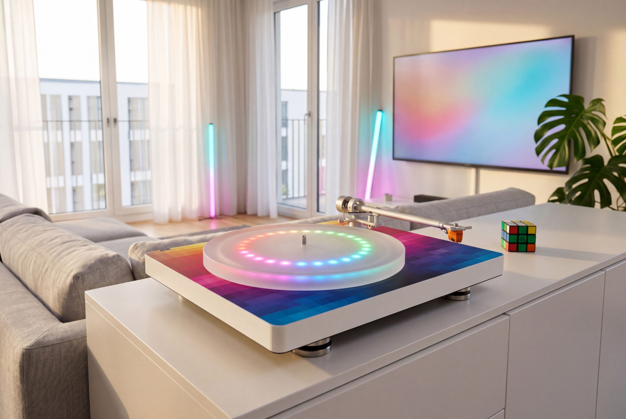 clearaudio compass GT Plattenspieler mit RGB-Beleuchtung im Wohnraum